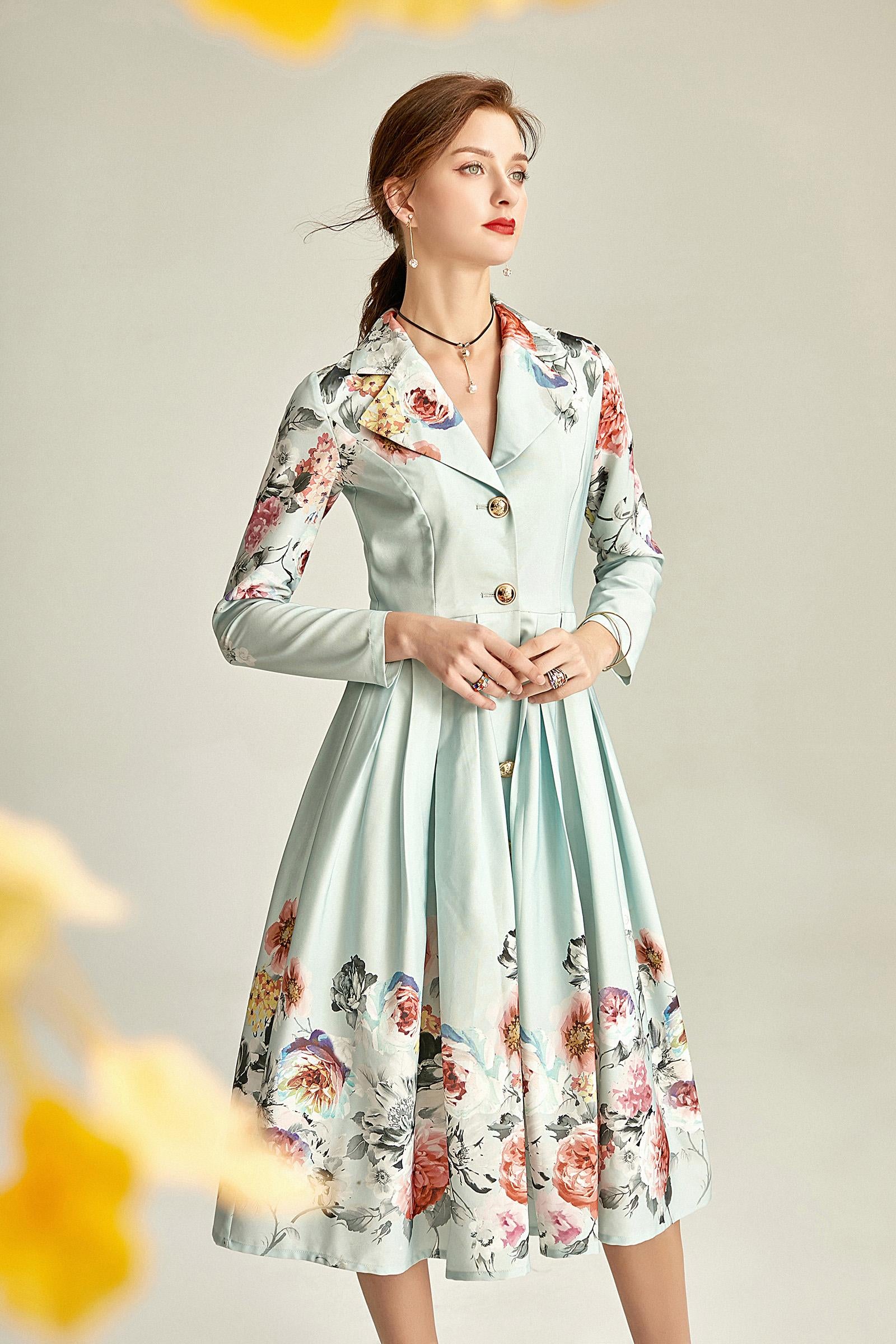 Audrey Hepburn inspired retro light blue pastel blue floral printed long sleeve 1950's inspired midi full swing dress - Roman M Audrey Hepburn inspired retro light blue pastel blue floral printed long sleeve 1950's inspired midi full swing dress - Roman M