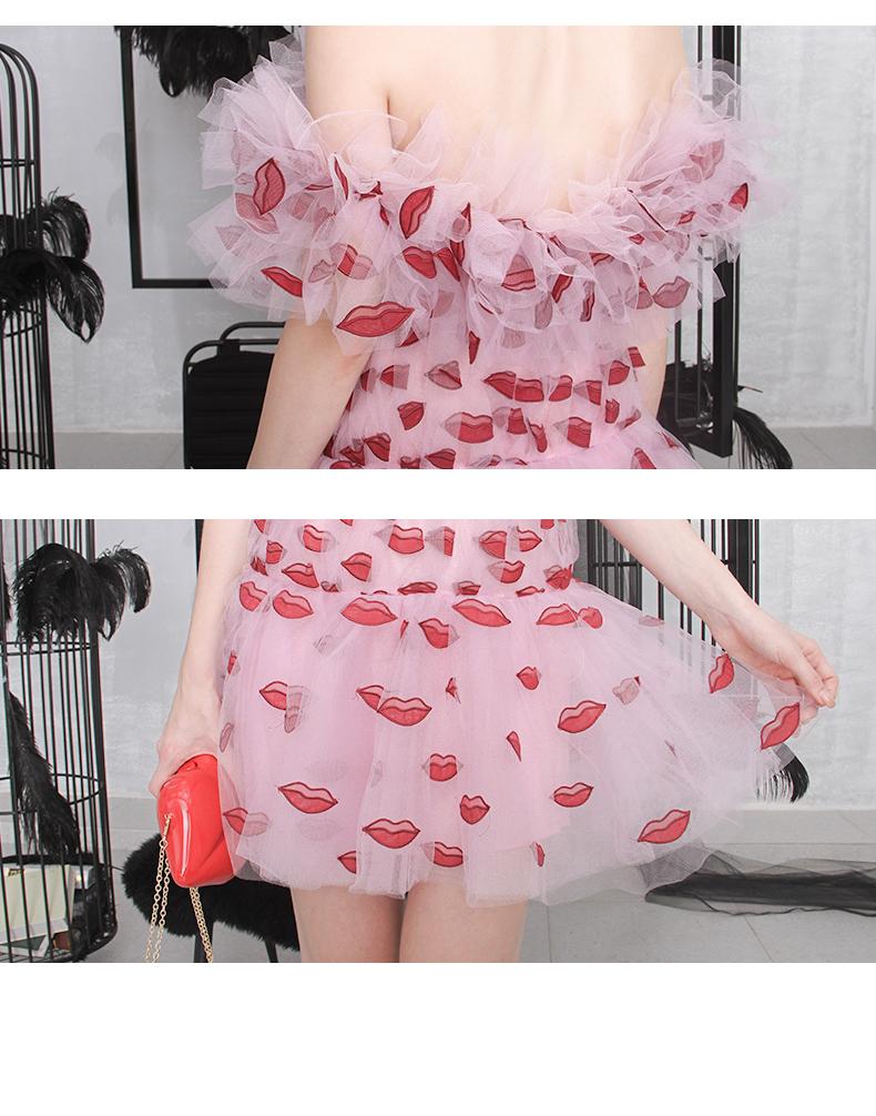 Designer Unique Lip embroidered tulle off shoulder ruffle pleated drop waist wedding banquet party cocktail dress - Dasha