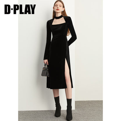 DPLAY2022 autumn and winter French retro square neck lady style wine red velvet slit dress light dress - Esther
