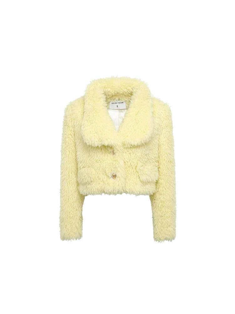 YES BY YESIR pastel yellow sheep short fur coat - Naia.
