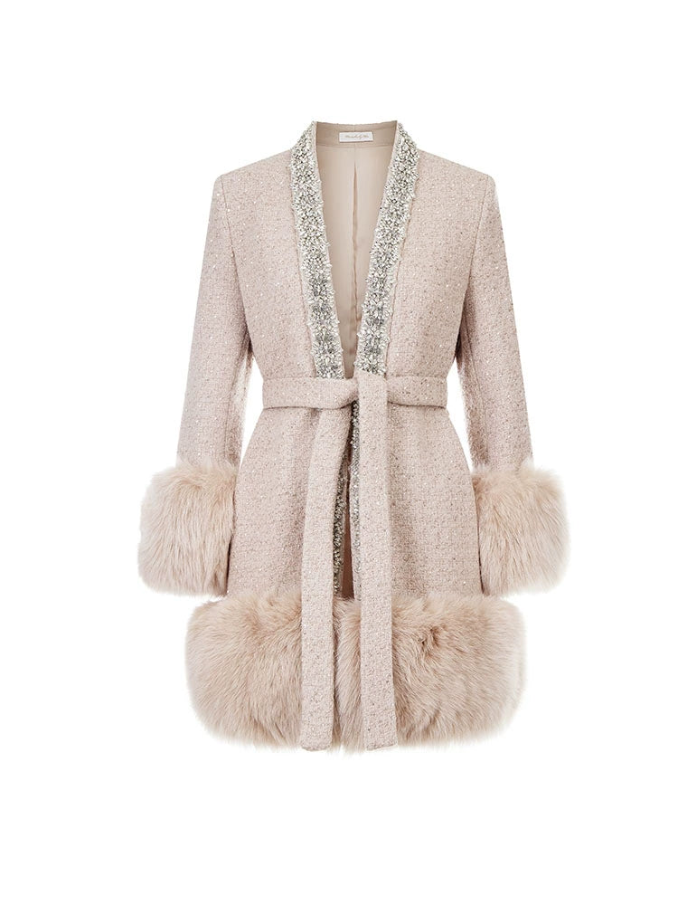 Wardrobes By Chen Elegant Pink Tie Fur Long Sleeve Coat - Andra