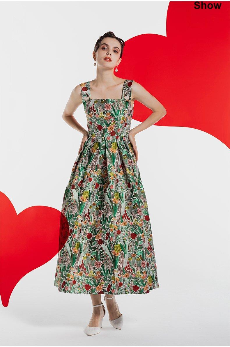Goudin Custom Green Floral Jacquard Princess Sling Fairy Dress - Ruila. M Goudin Custom Green Floral Jacquard Princess Sling Fairy Dress - Ruila. M