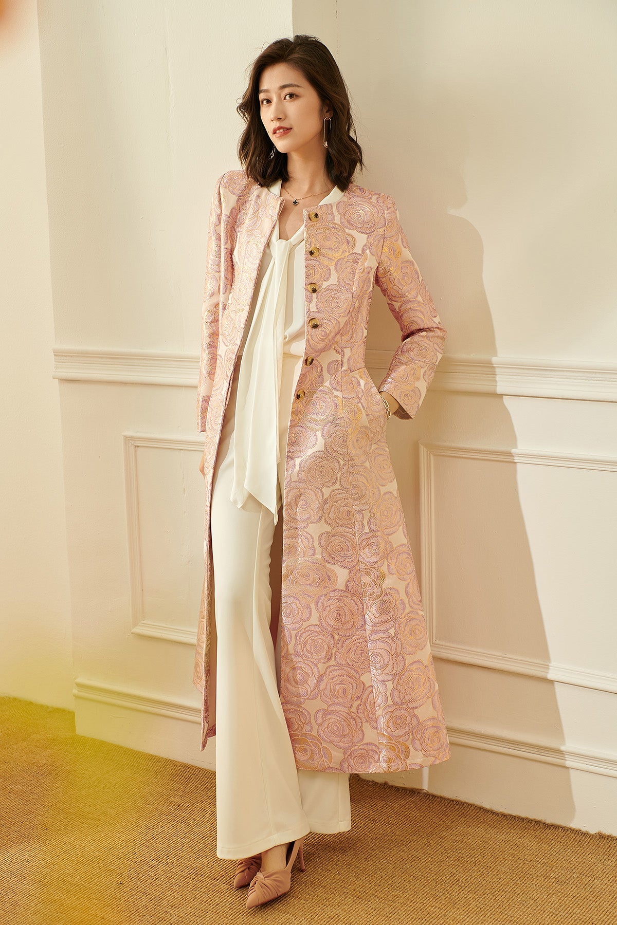 Luxury nude pink gold jacquard embroidery rose long exquisite coat- Nia