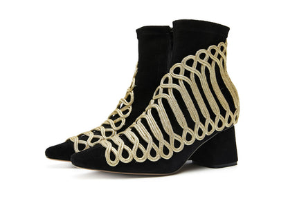 B-FEI Military Vintage retro gold embroidered accent short ankle Chelsea leather thick heel boot- Lola