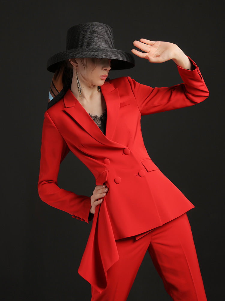 Red Suit 2023 Spring and Autumn Irregular Evening Suit- Tela