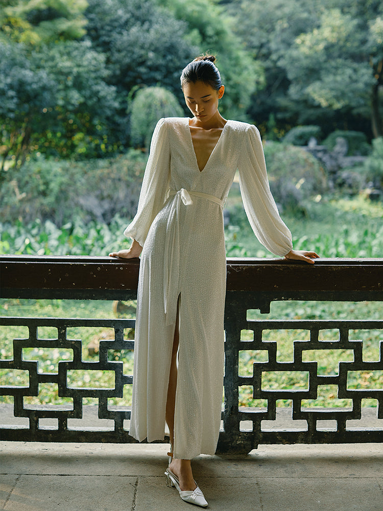 White sequin elegant deep v-neck and long sleeve puff sleeves slit dress- Steff L / White sequined White sequin elegant deep v-neck and long sleeve puff sleeves slit dress- Steff L / White sequined