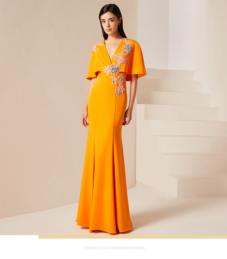Evening yellow mustard new high-end banquet host dress long fishtail dress long skirt- Juila