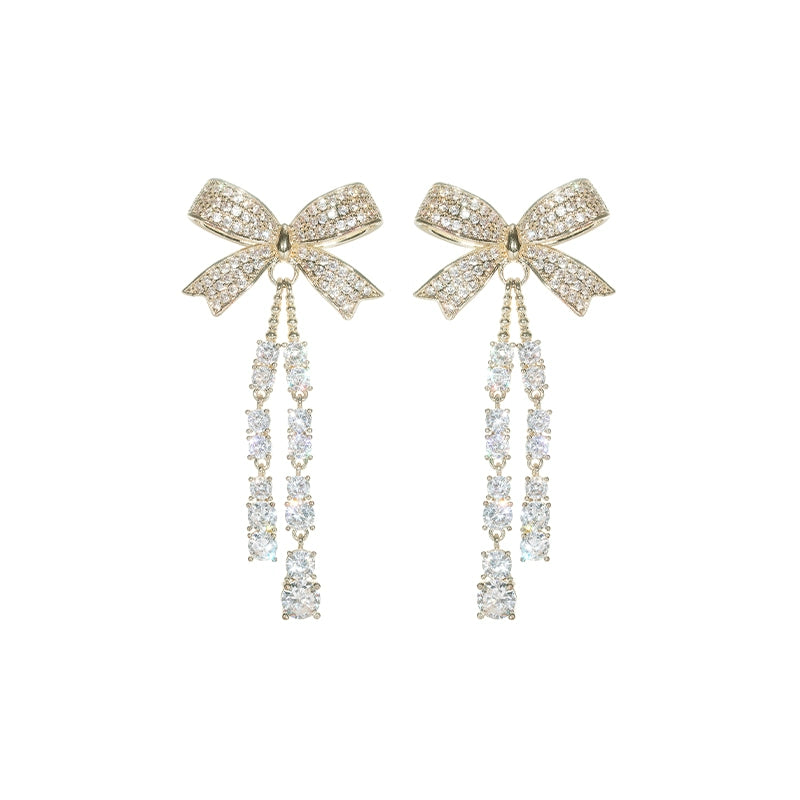 Wardrobes by Chen Luxury Gold Bow Tassel Diamond Earrings-Beck