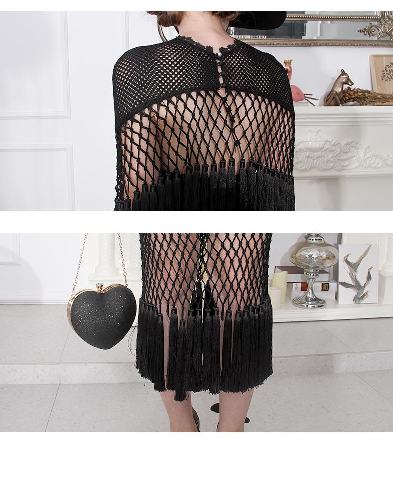 High end one of a kind woven open mesh net tassle hem skirt and blouse dress set statement black pieces- West