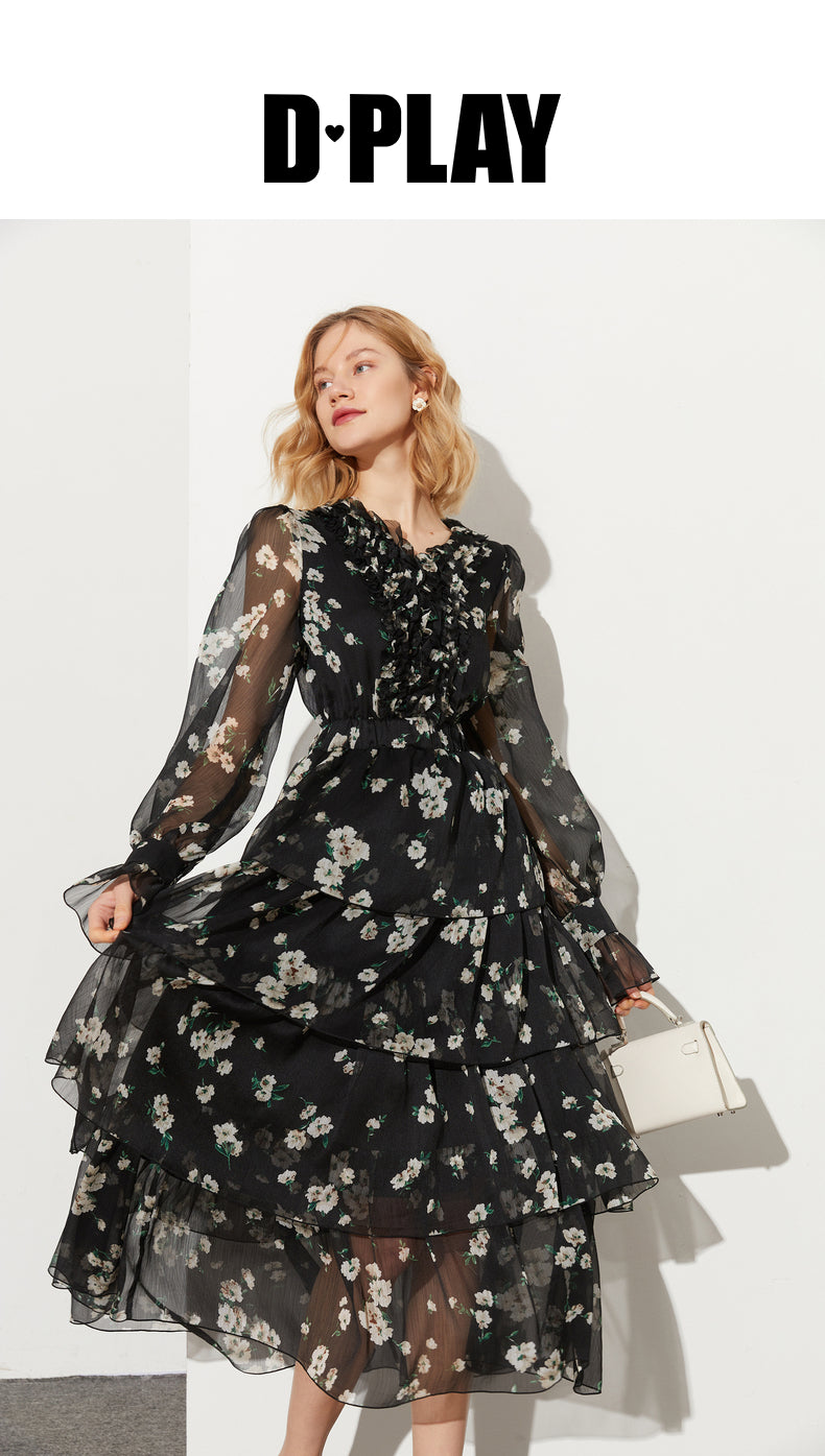 Spring elegant French bow orange pink high-waisted pleated dress - Lugis