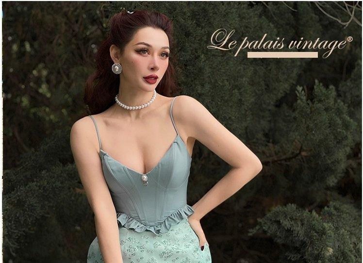 Elegant fishbone corset floral green dress- Mabel