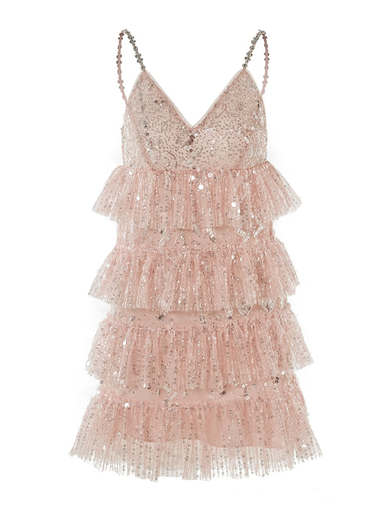 Wardrobes by Chen Luxury Pink Sleeveless Sequin layer ruffle short Dinner Dress- Shaiko