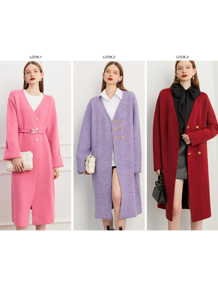 Fall autumn lavender purple double-breasted loose-embossed camellia knit coat - Saie