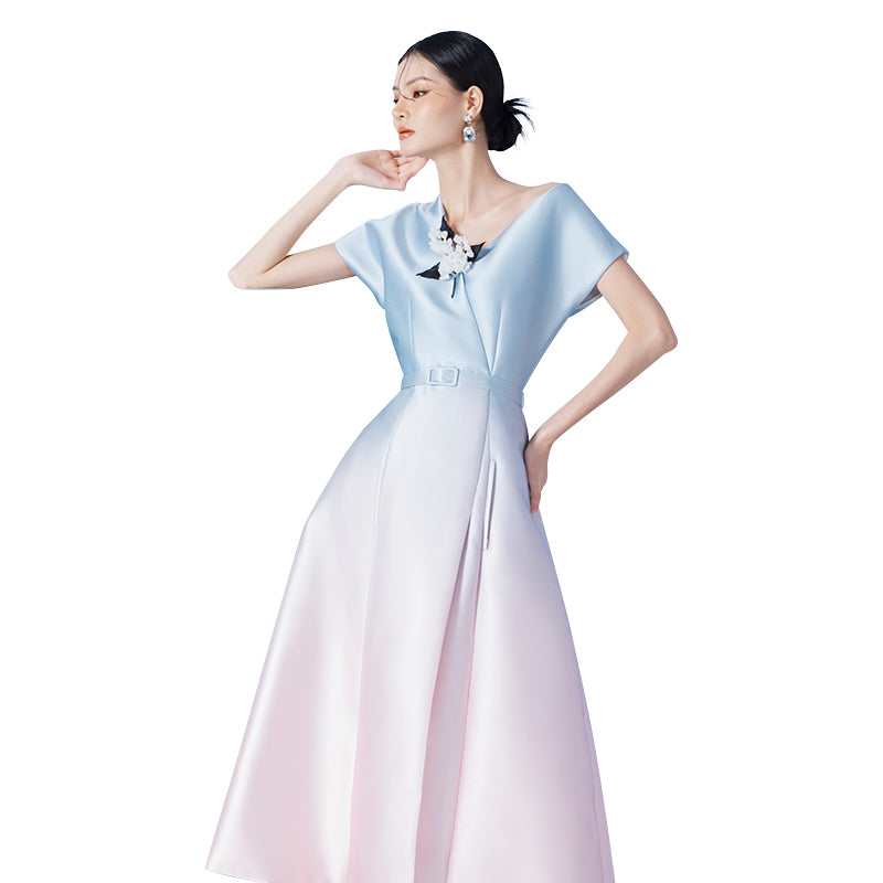 Spring 2023 new short-sleeved gradient waist satin dress- Goli