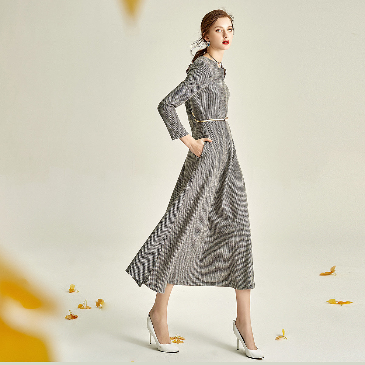Gray Autumn Winter Long-Sleeved V-Neck Woolen Dress- Sei 2XL / Gray Gray Autumn Winter Long-Sleeved V-Neck Woolen Dress- Sei 2XL / Gray