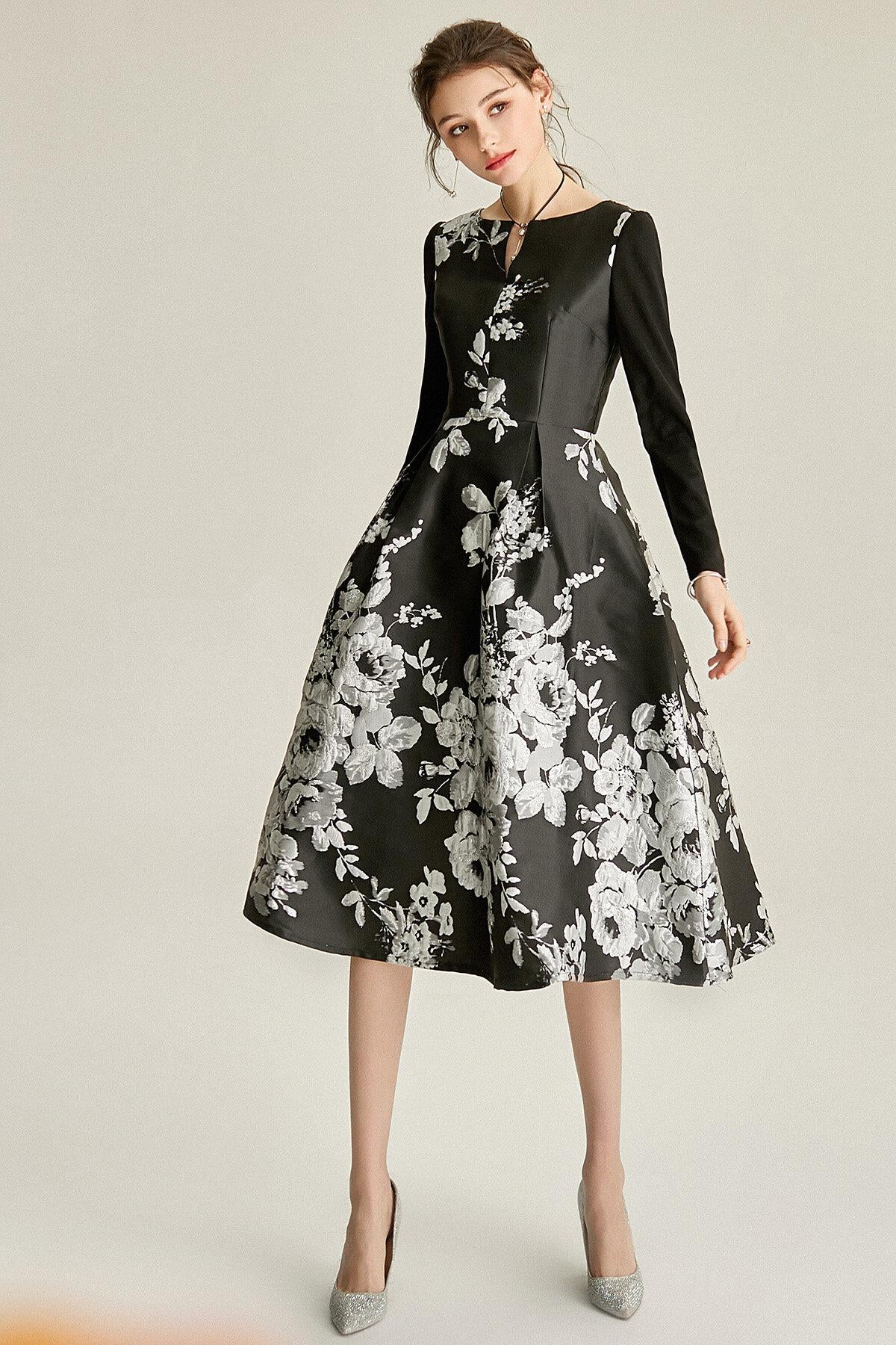 Spring retro 1950 lbd black jacquard long sleeve wedding guest