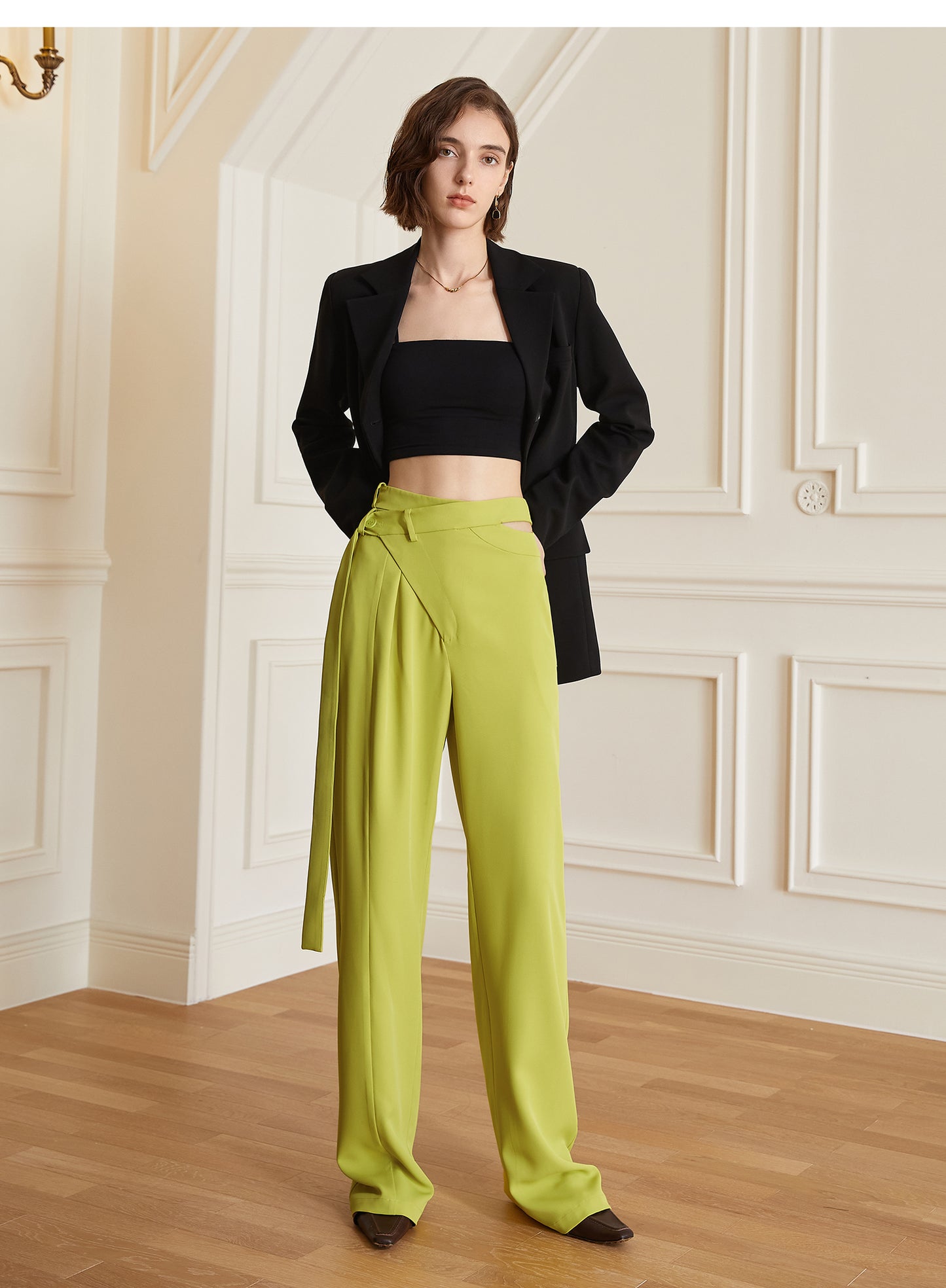 Lemon Yellow Asymmetrical High Waist Trousers- Bolin