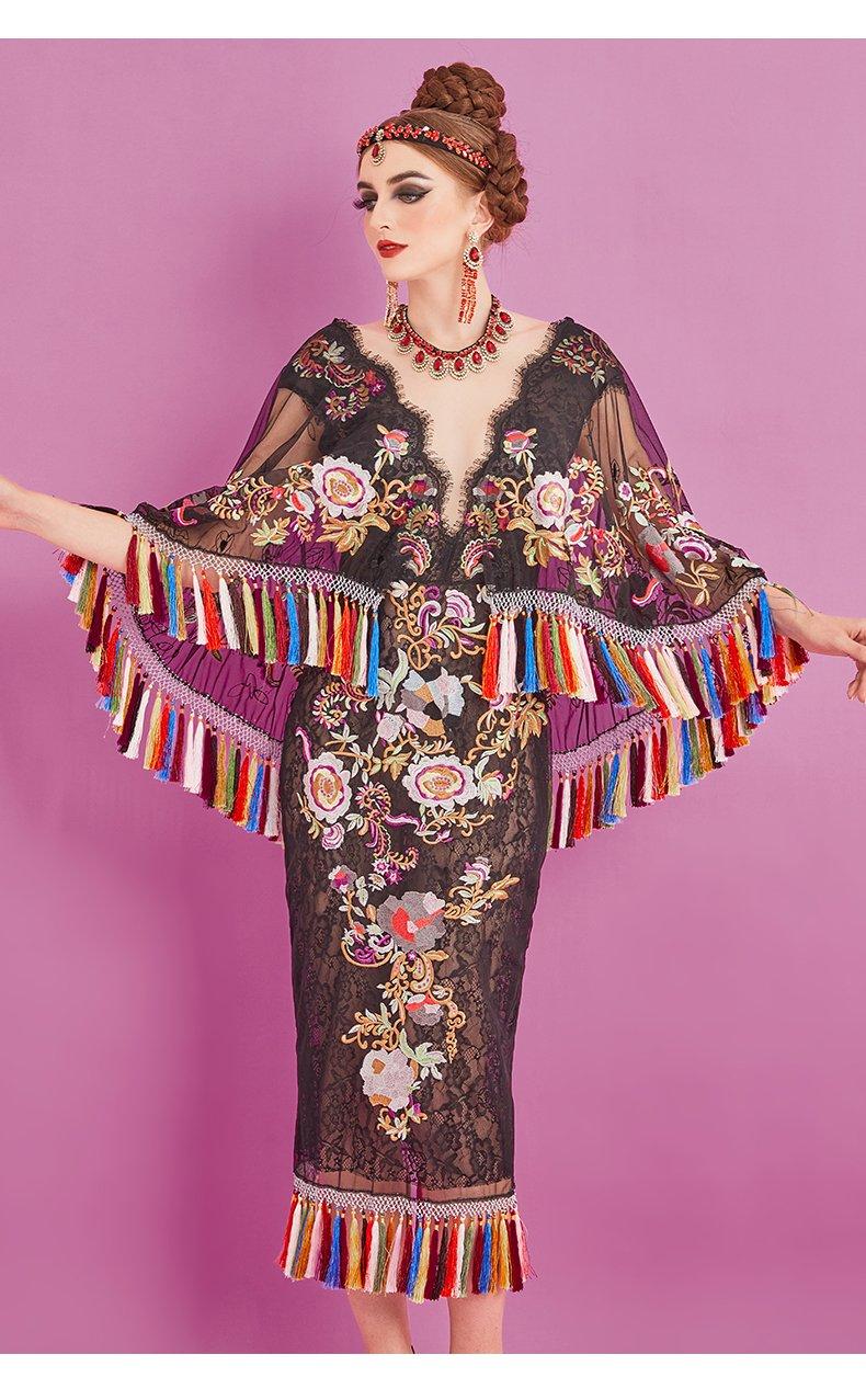 Deep V colorful tassel romantic dress- Didy