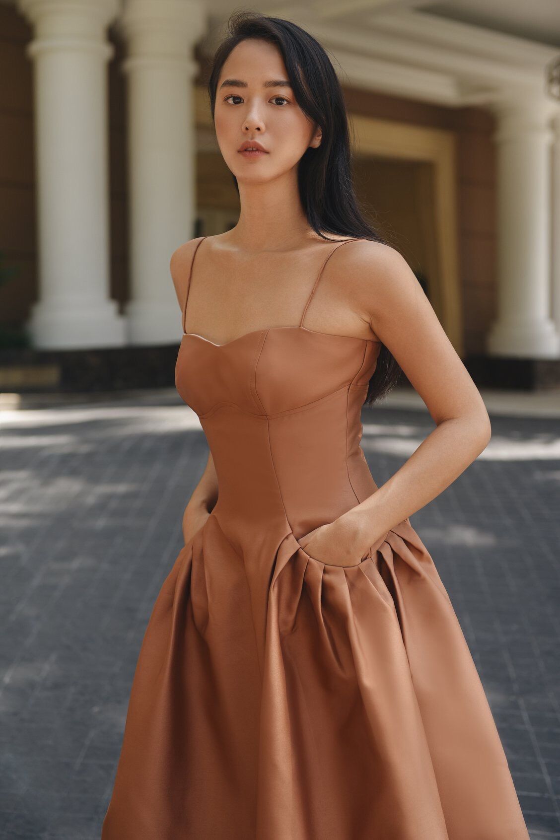 Spaghetti strap pleated skirt ocktail midi dress -Luisa