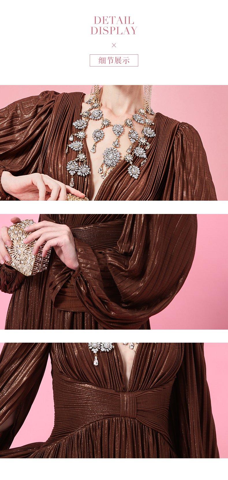 Pleated deep V-neck slim fit long skirt dress- Ada