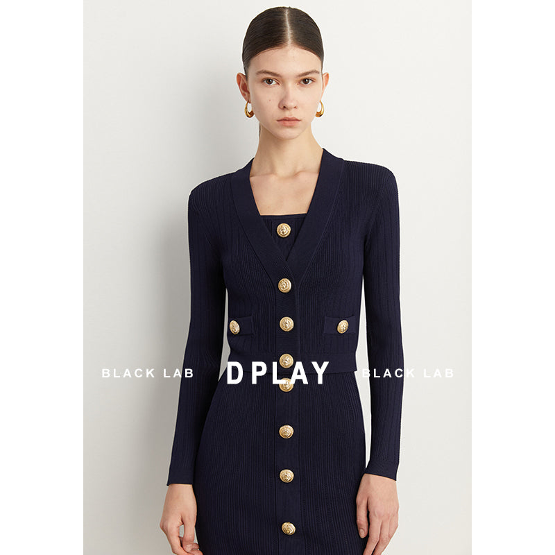 Elegant bodycon Luxury Navy Blue Short Square neck Knit Vest skirt set - Jimie