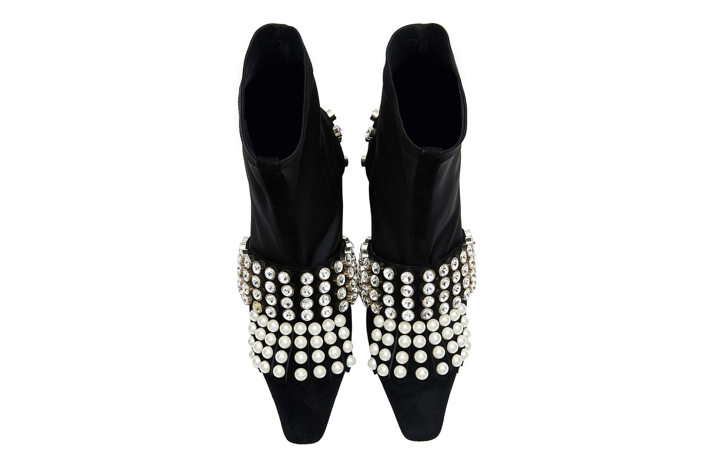 B-FEI diamond rhinestone pearl short thick square heel elastic boots- Olia