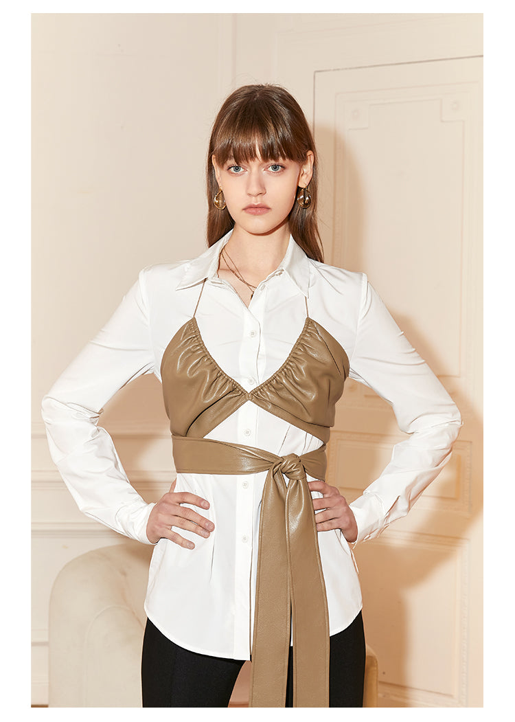 Mocha color and classic straps and waist leather crop top- Mera