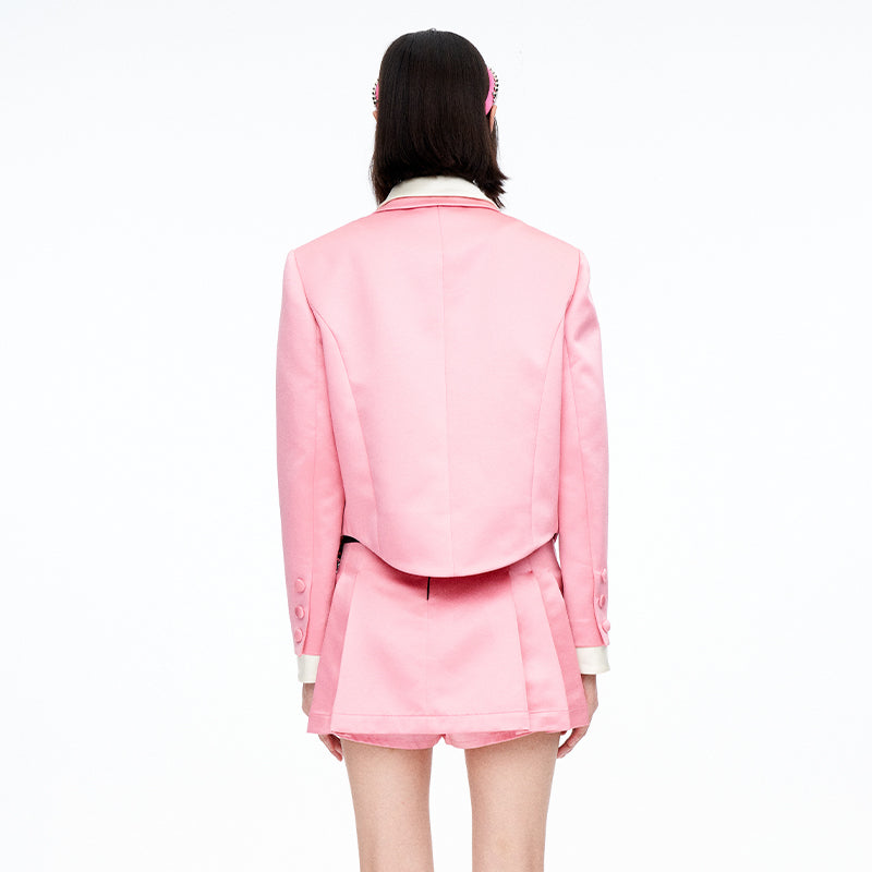 Barbie Pink bow satin double-neck jacket top + Skirt suit - True