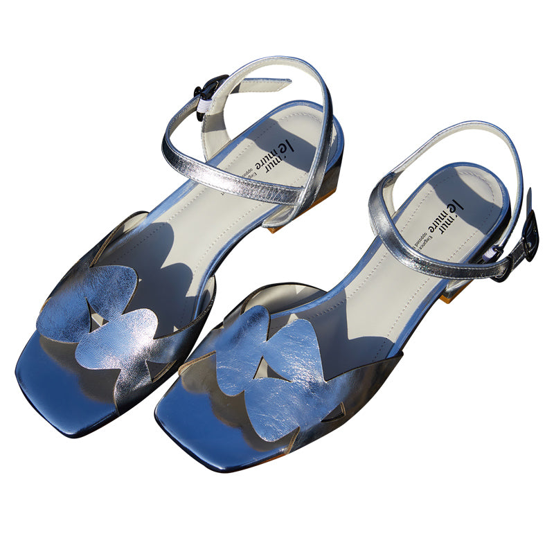 Designer Glazed Calfskin Square Toe Thick Heel Fashion Sandals- Neli