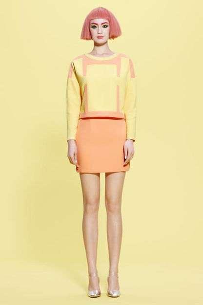 Color geometric sweet long-sleeved sweater and skirt suit set- Eliqua