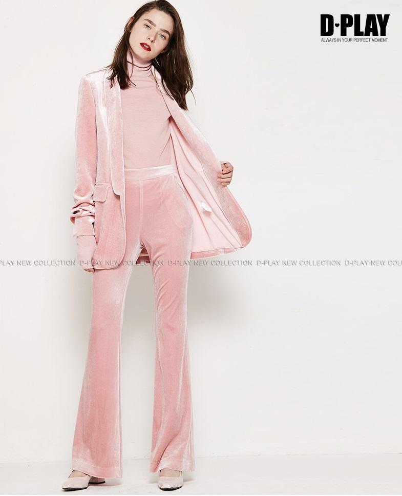 Pink velvet suit + bell-bottoms trousers two-piece suit- Hitas