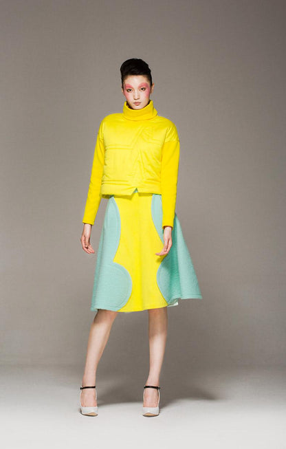 Yellow and mint color block woolen skirt- Laya