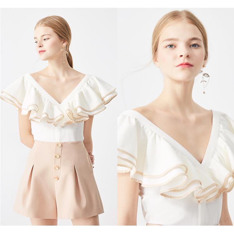 White sweet V-neck thin short ruffled shirt blouse top - Veli
