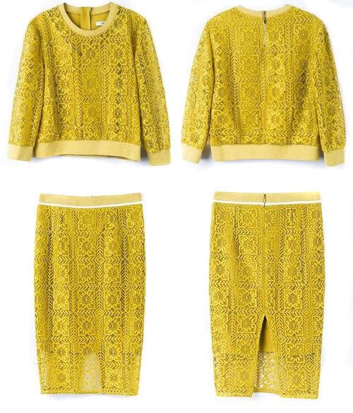 Limited edition muted yellow unique lace vintage pencil lace skirt + quarter sleeve blouse top two piece suit set-Kaliska