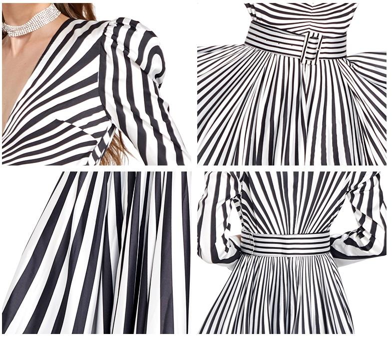 Limited black and white stripe long sleeve V neck maxi evening gown - Cher
