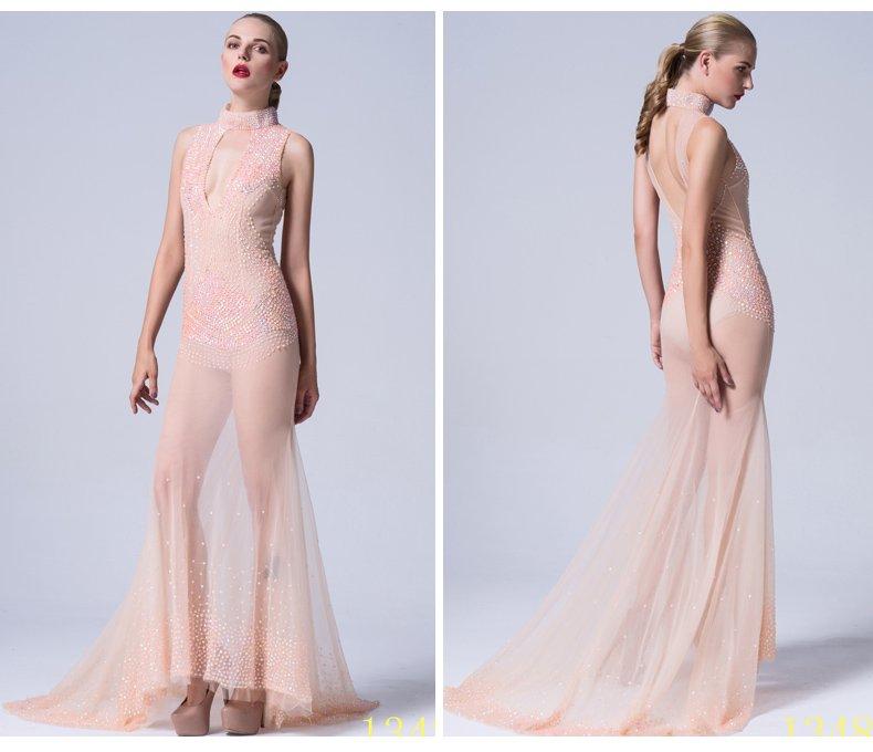 Deep V-neck sexy fashion tulle mesh fishtail slim fit beaded sequins skirt apricot pink dress- Octavia