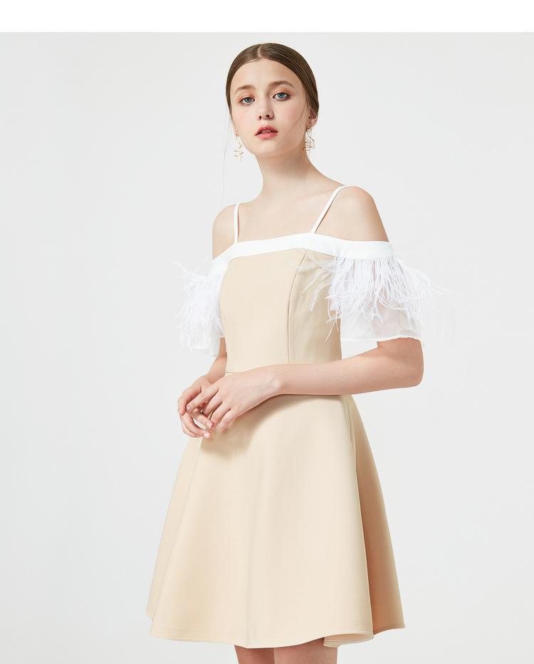 Nude color feather sleeve off shoulder strapless dress - Abelli