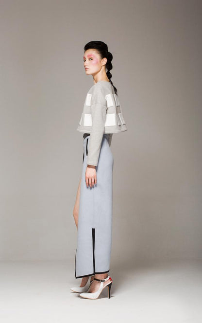 Wool gray edging high waist woolen slit skirt- Reli