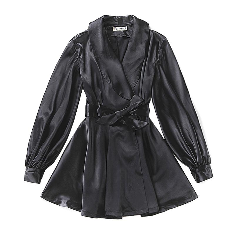 Le palais vintage drape satin pajamas lantern sleeve wrapped black lbd dress- Noph