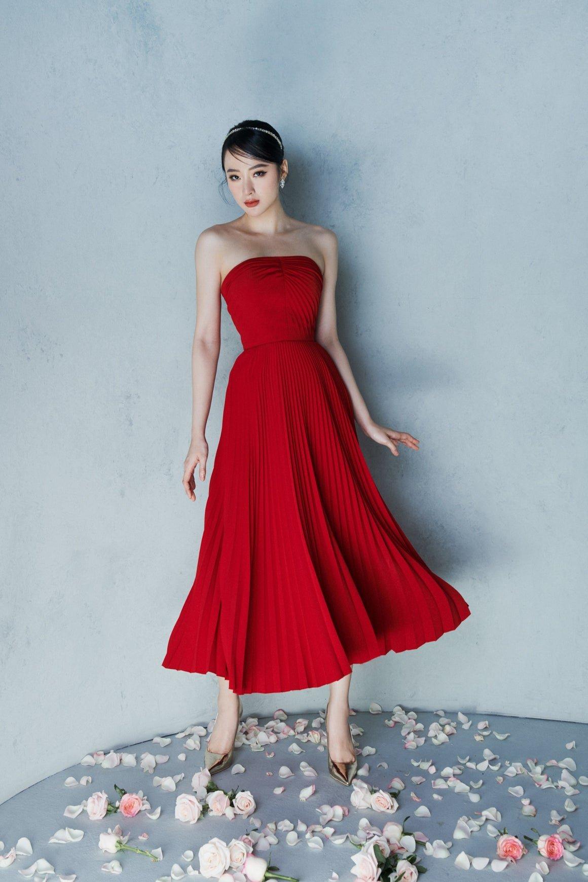 Red Strapless PLEATED MIDI DRESS-Mila GOOD GIRL REBEL Red Strapless PLEATED MIDI DRESS-Mila GOOD GIRL REBEL