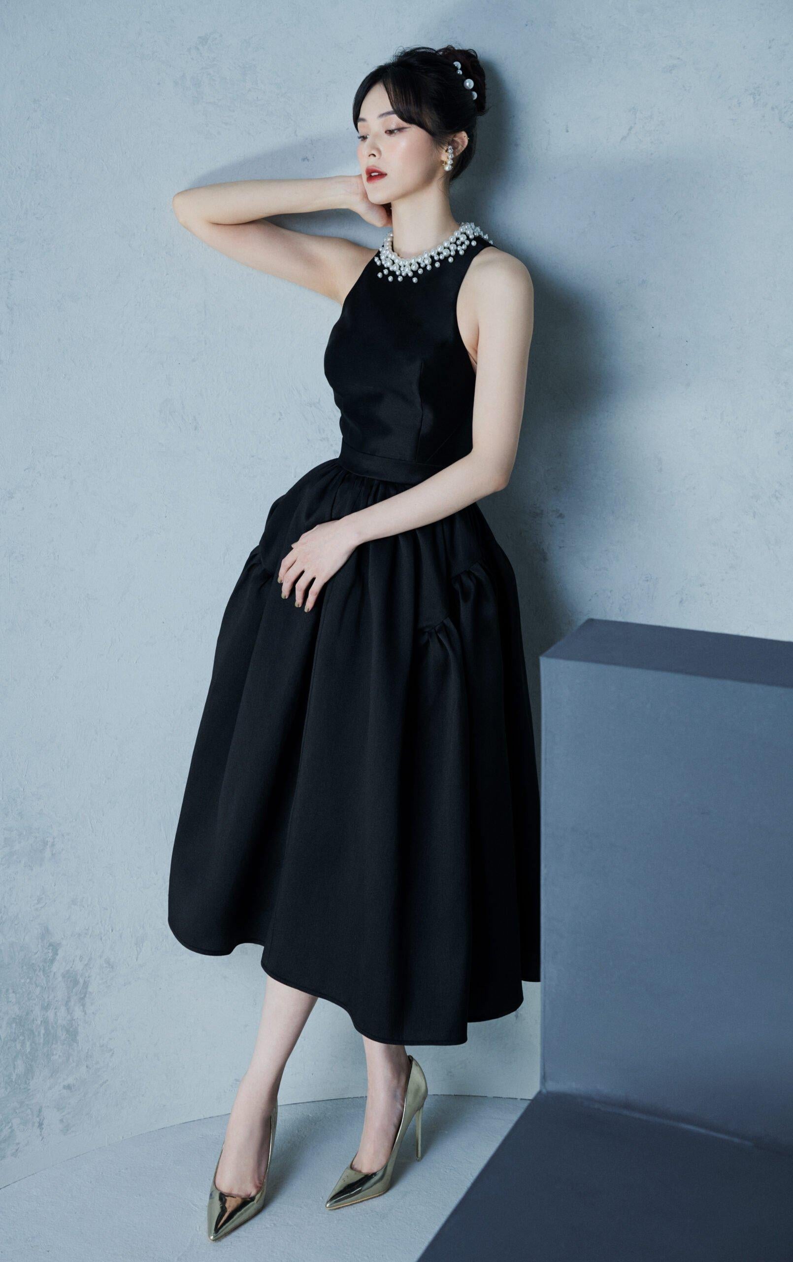 Midi Dress with pearl embellished neckline-Tamsin S / Black Midi Dress with pearl embellished neckline-Tamsin S / Black