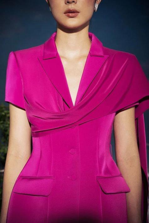 Elegant long drapping flap pencil skirt fuchsia suit set- Tati