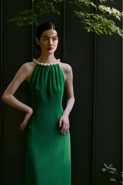 Vintage Ivory Emerald Dress with Halter Neck- Golina