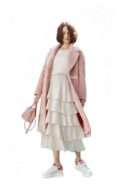 Limited edition dusty pink faux fur fall winter long high fashion coat jacket- Bai