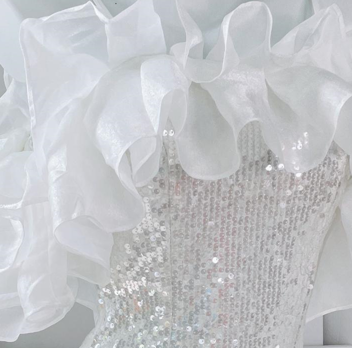 DOLLY Elegant White Off Shoulder Sequin Ruffled Tube Top Banquet Dress-ALICIA