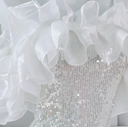 DOLLY Elegant White Off Shoulder Sequin Ruffled Tube Top Banquet Dress-ALICIA