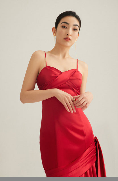 GOUDIN bright red wedding satin light luxury banquet evening dress-Liam.