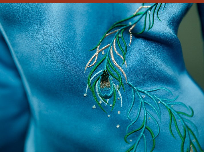 Magic Q vintage retro lake blue lace openwork mesh heavy embroidery dress - Duige