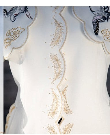 Magic Q exclusive beige gold silk embroidery crane wavy feather windbreaker coat - taik