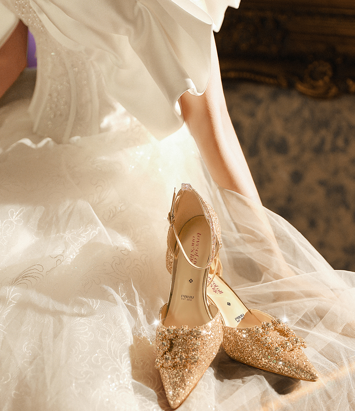 PJJUU beautiful champagne buckle rhinestone stiletto shoes - GREEN.